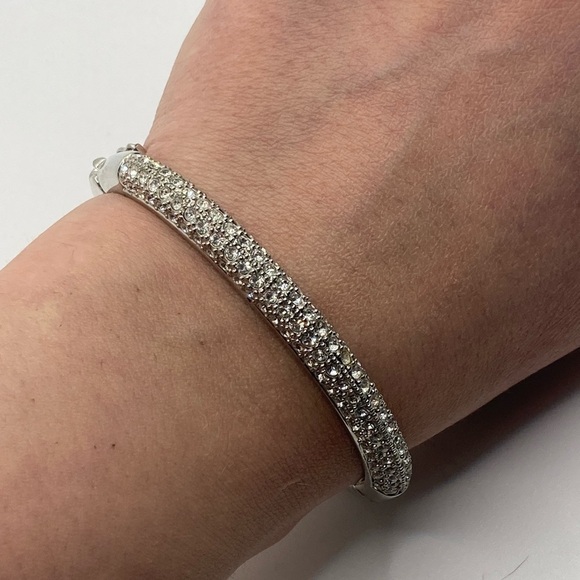 Lia Sophia Glitterati 3 Row Crystal Stone Silver Tone Hinged Bangle 6.6” / 2” D - Picture 3 of 7